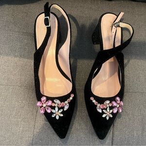 Kate Spade Elegant Black Slingback Heels with Pink Floral Accents